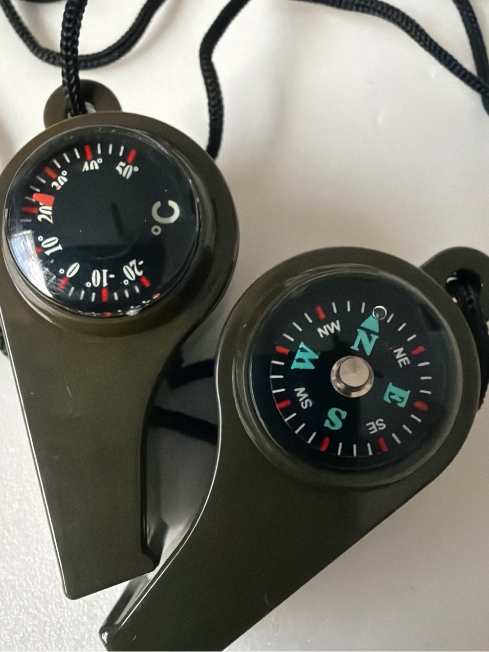 Olive Green Outdoor Compass & Thermometer Whistle Necklace